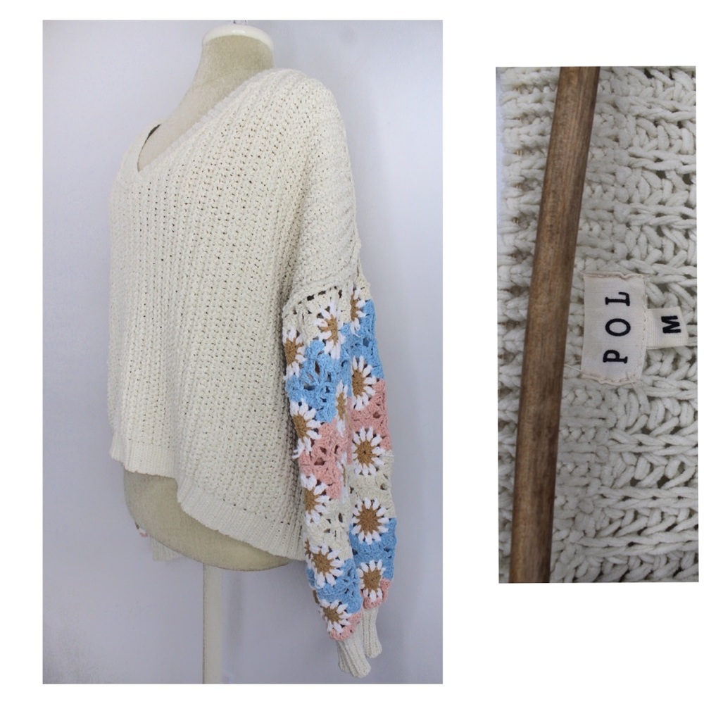 POL EUC Beige Chenille Oversized Granny Square Crochet Sleeves Sweater Medium - Picture 4 of 13